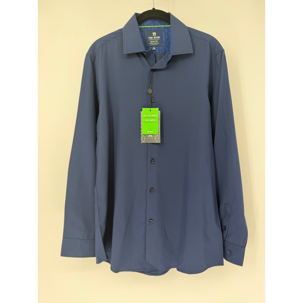 Tom Baine Mens Slim Fit Performance Shirt Blue 4-Way Stretch Wrinkle Free Medium